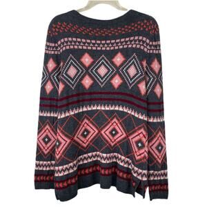 Talbots Nordic Fair Isle Lambswool Sweater Women L Wool Blend Gray Pink High-Low